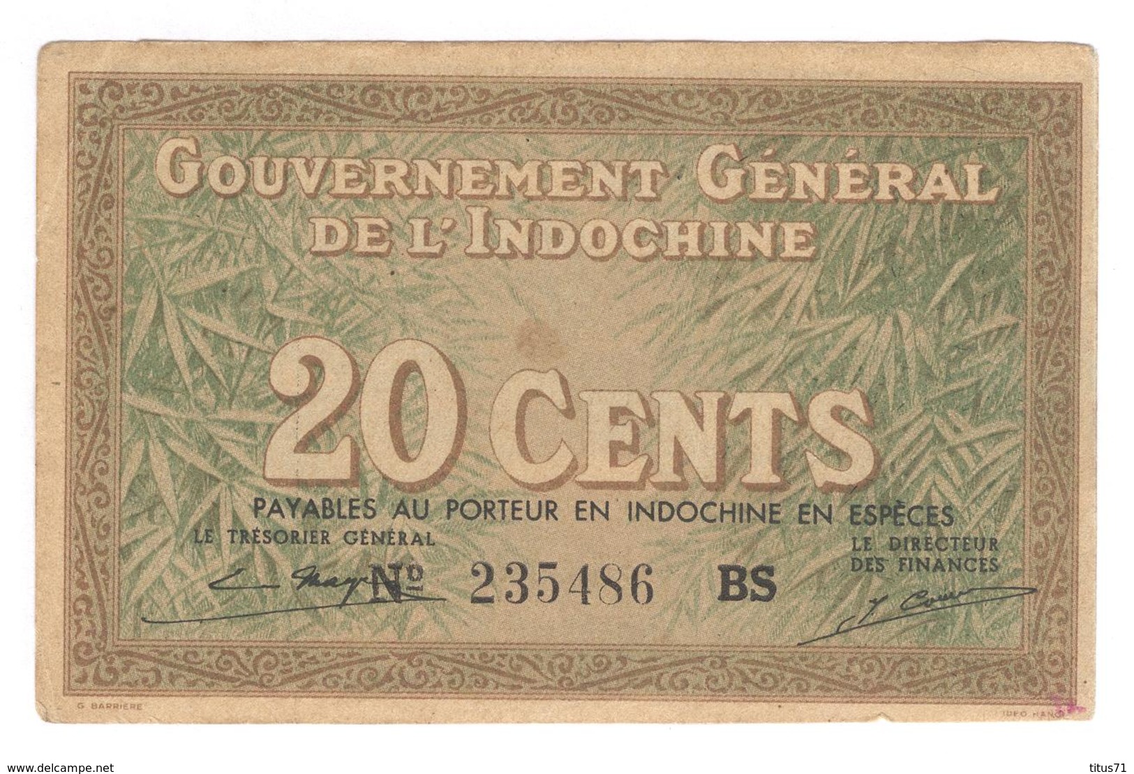 Billet 20 Centimes Gouvernement Général De L'Indochine - Très Bon état - Autres & Non Classés