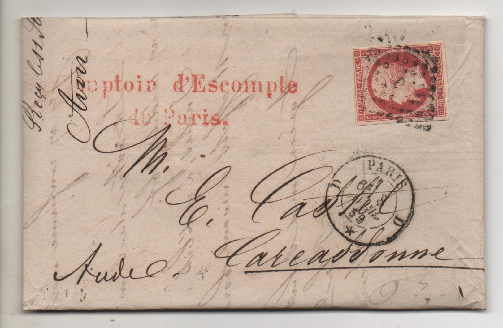 80c N°18 Sur Lettre Du Comptoir D'Escompte De "PARIS" Cachet Poste "D" Du 8 Avril 1859 - 1849-1876: Période Classique