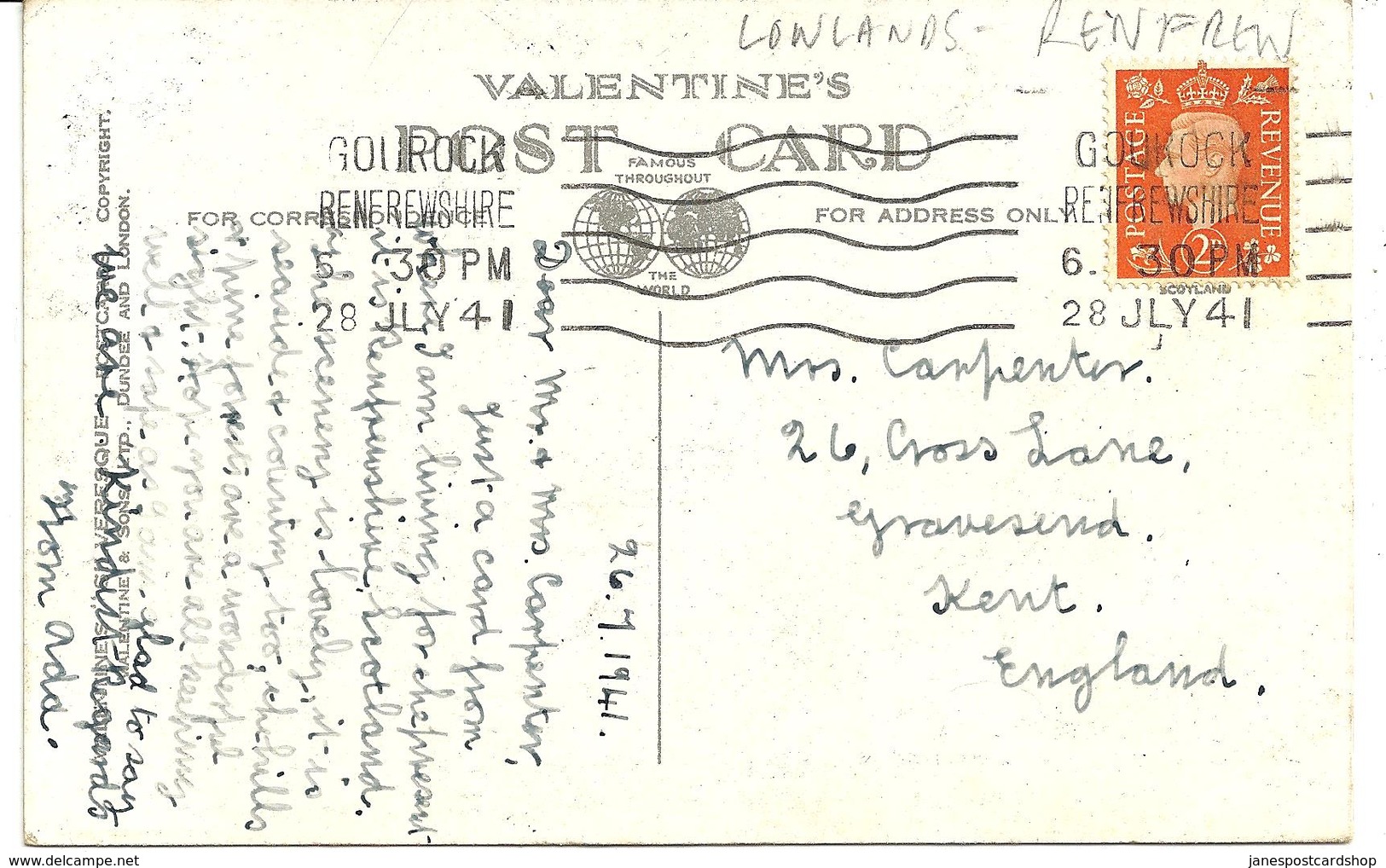 GOUROCK YACHT CLUB HOUSE - VALENTINES CARD - POSTED 1941 - Renfrewshire