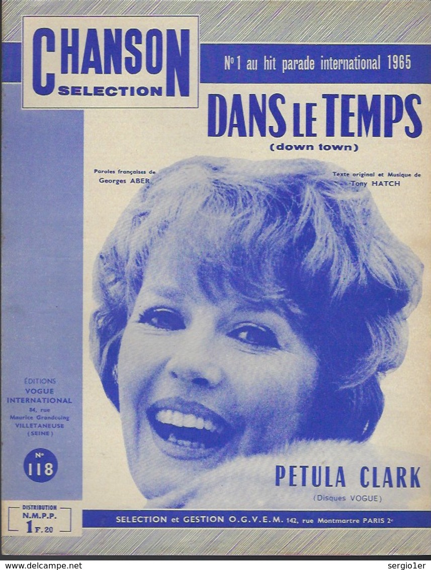 Partition Ancienne   Chanson Selection Dans Le Temps "down Town" Petula Clark  éditions Vogue International  1964 N°1 Au - Partitions Musicales Anciennes