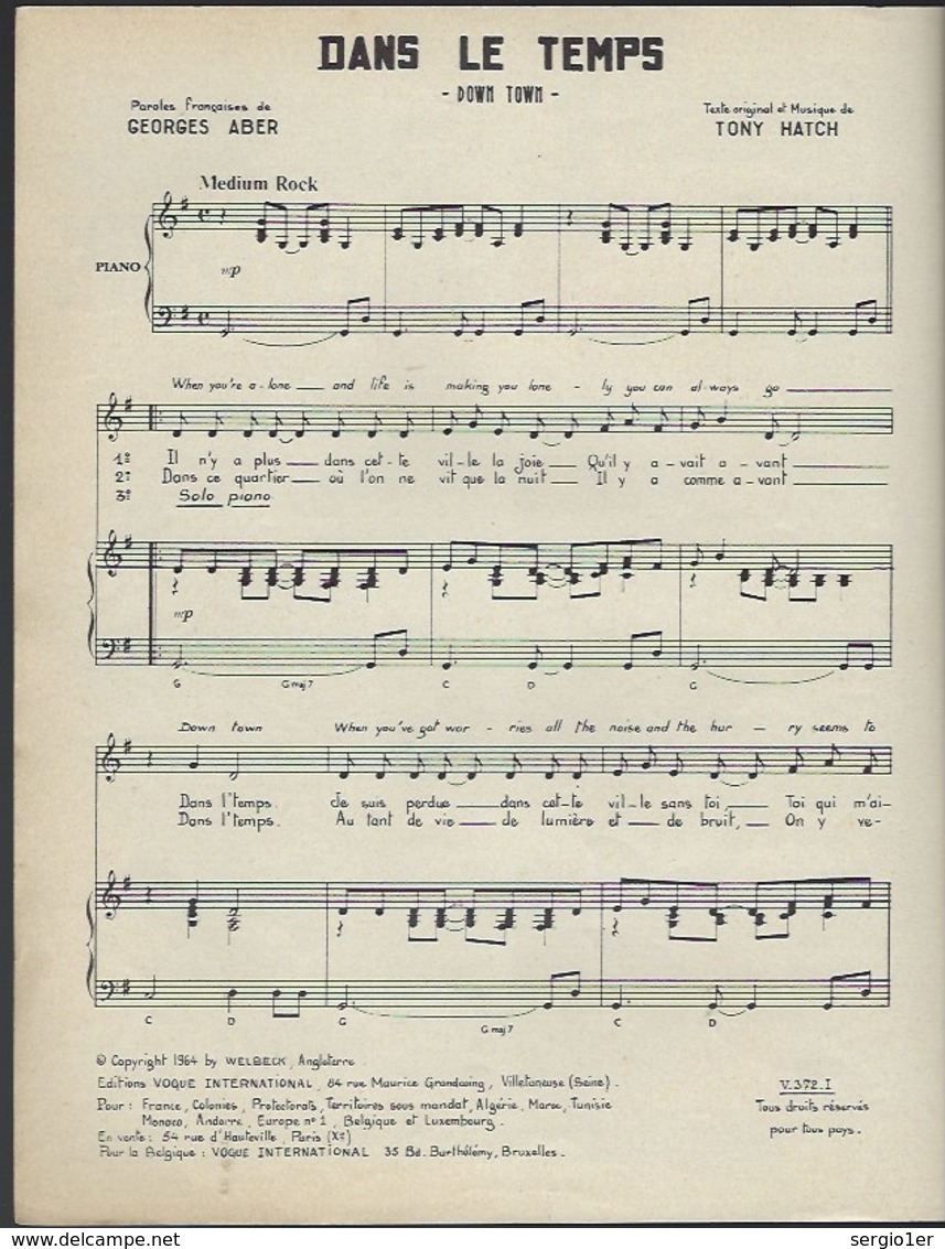 Partition Ancienne   Chanson Selection Dans Le Temps "down Town" Petula Clark  éditions Vogue International  1964 N°1 Au - Partitions Musicales Anciennes