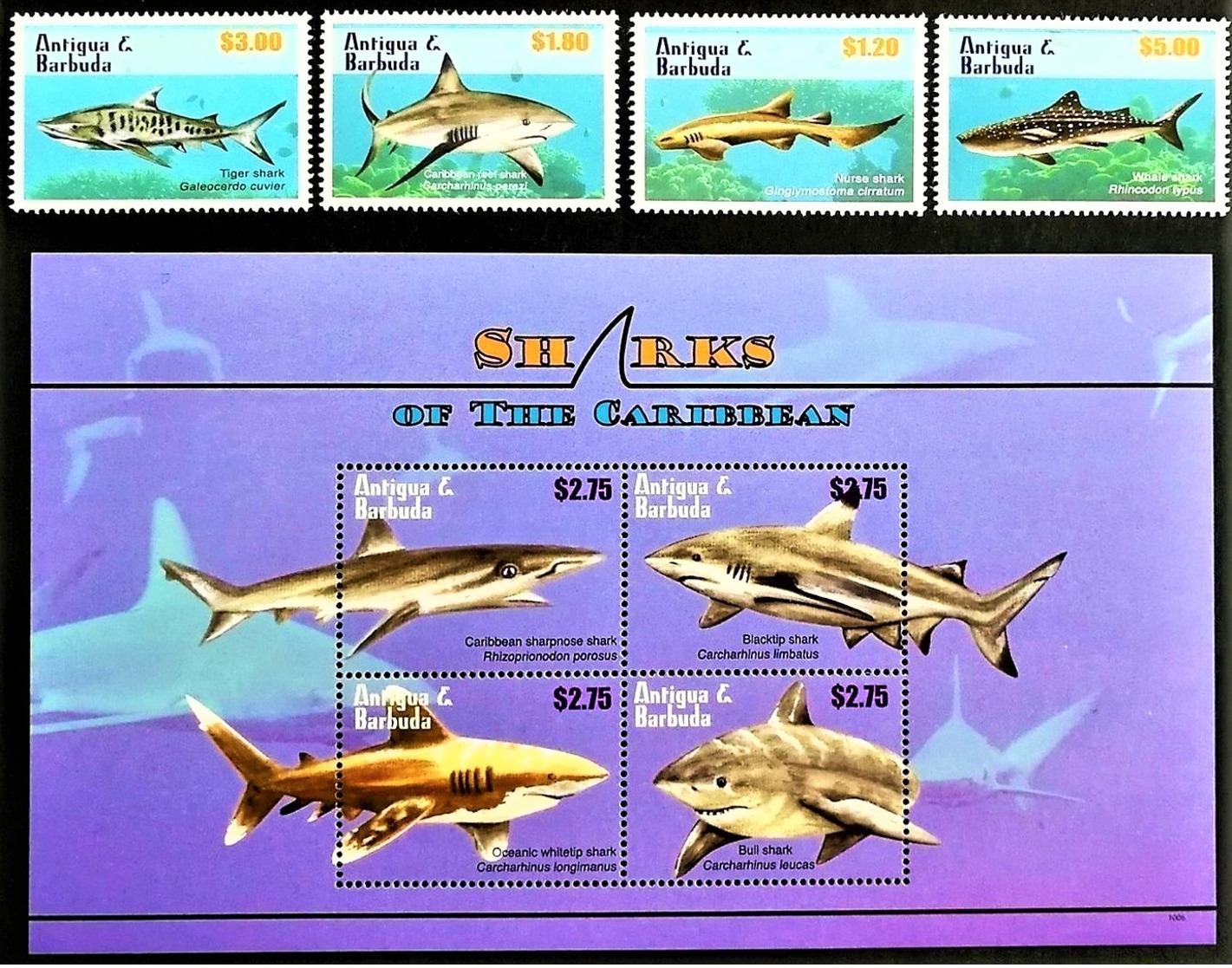 # Antigua & Barbuda 2010**Mi.4755-62. Sharks , MNH [13;123] - Fische