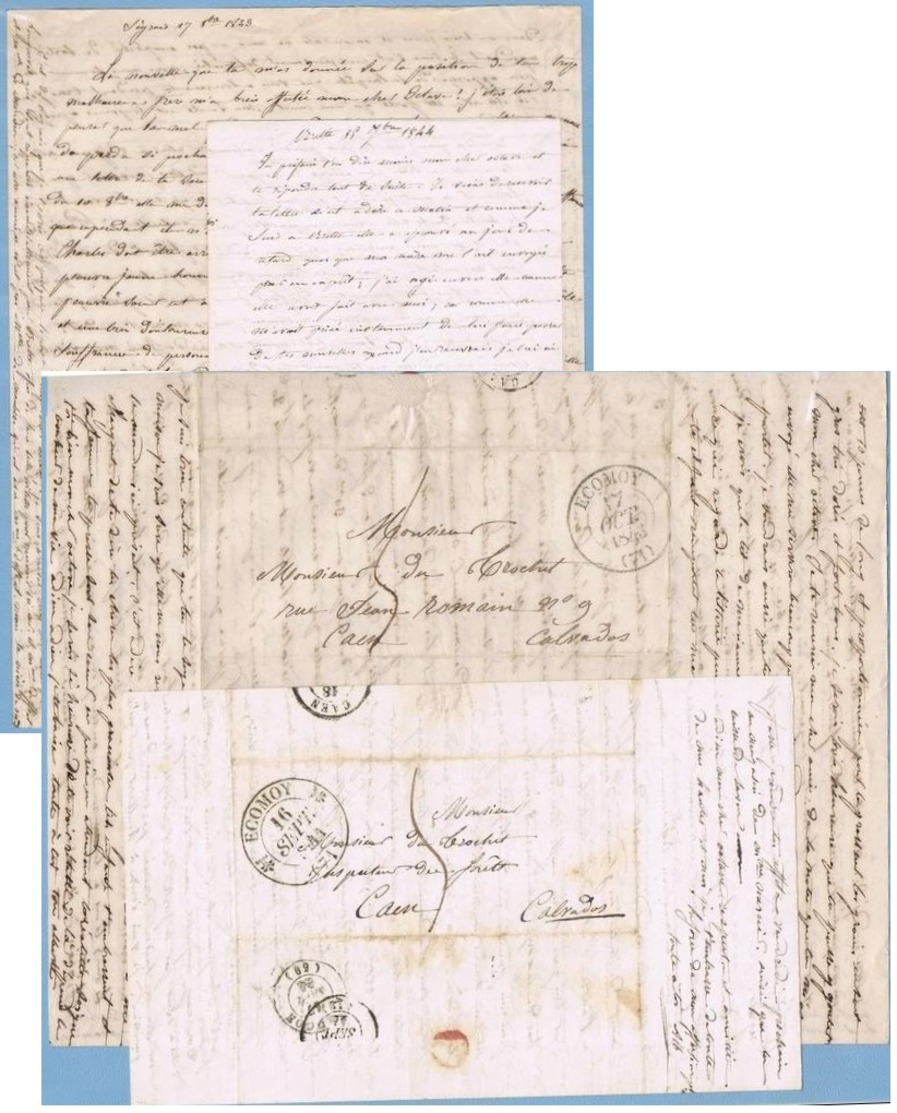 2 Lettres De SEGRAIS 1843 Cachet ECOMOY Pour CAEN  Inspecteur Du Trochet - 1801-1848: Precursori XIX