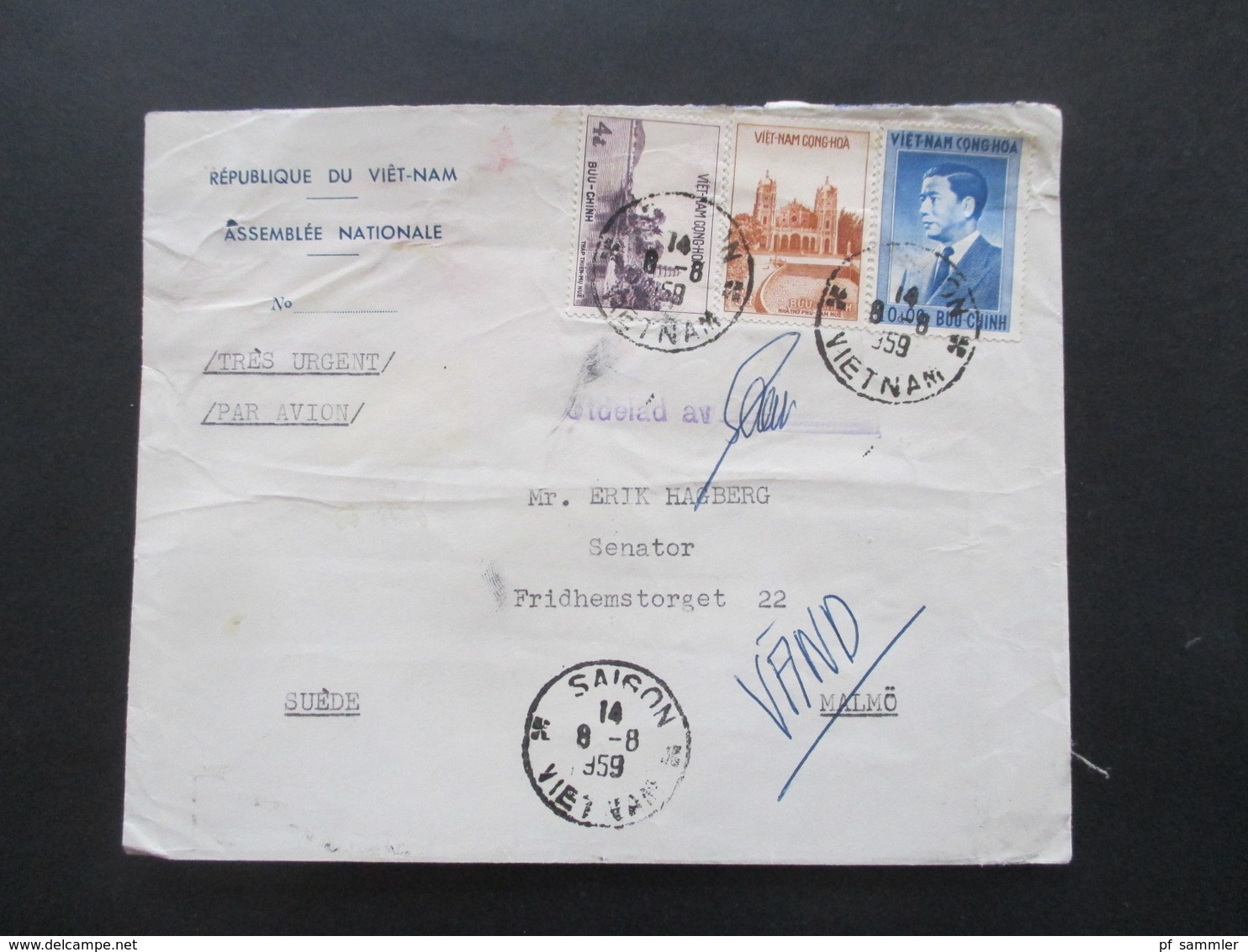 Vietnam 1959 Republique Du Viet-Nam Auslandsbrief Nach Malmö Schweden Und Weitergeleitet! Viele Stempel Und Vermerke!! - Vietnam