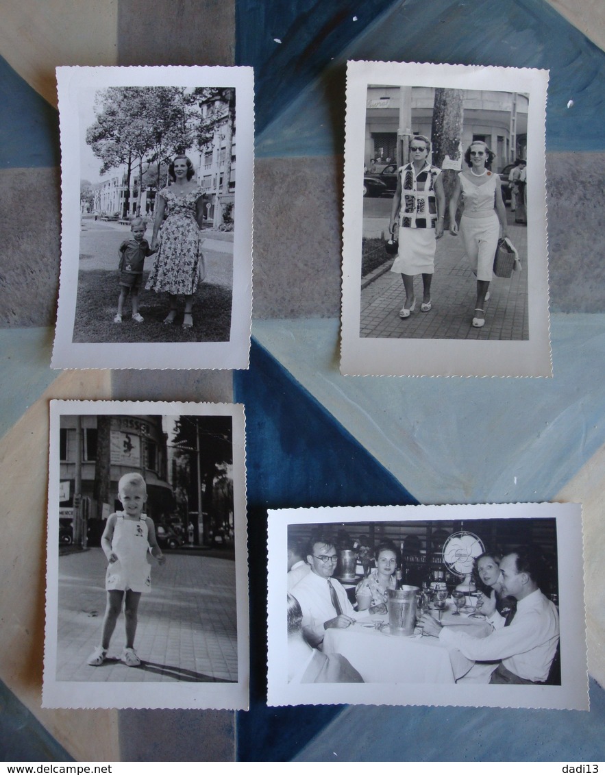 Saïgon Années 1950 - 4 Photos D'une Même Famille (restaurant, Enfant, Femmes Dans Rue De La Ville) - Lieux