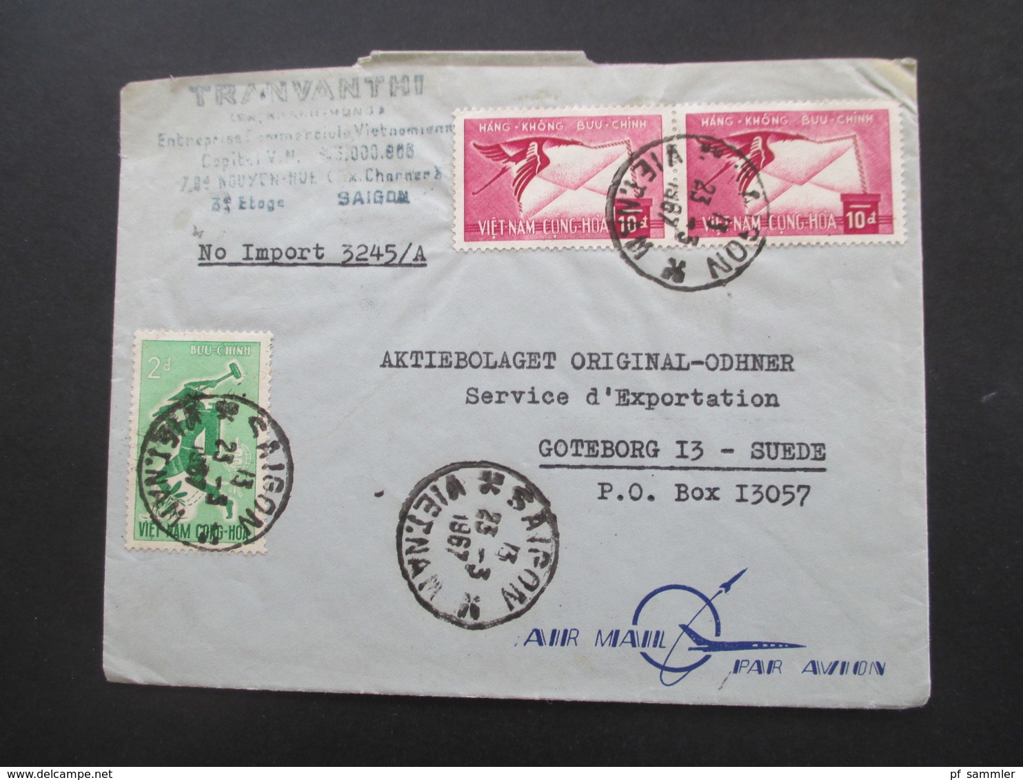 Vietnam / Süd Vietnam 1965 Auslandsbrief Firmenbrief Nach Schweden Air Mail / Luftpost Gommage Tropical - Viêt-Nam