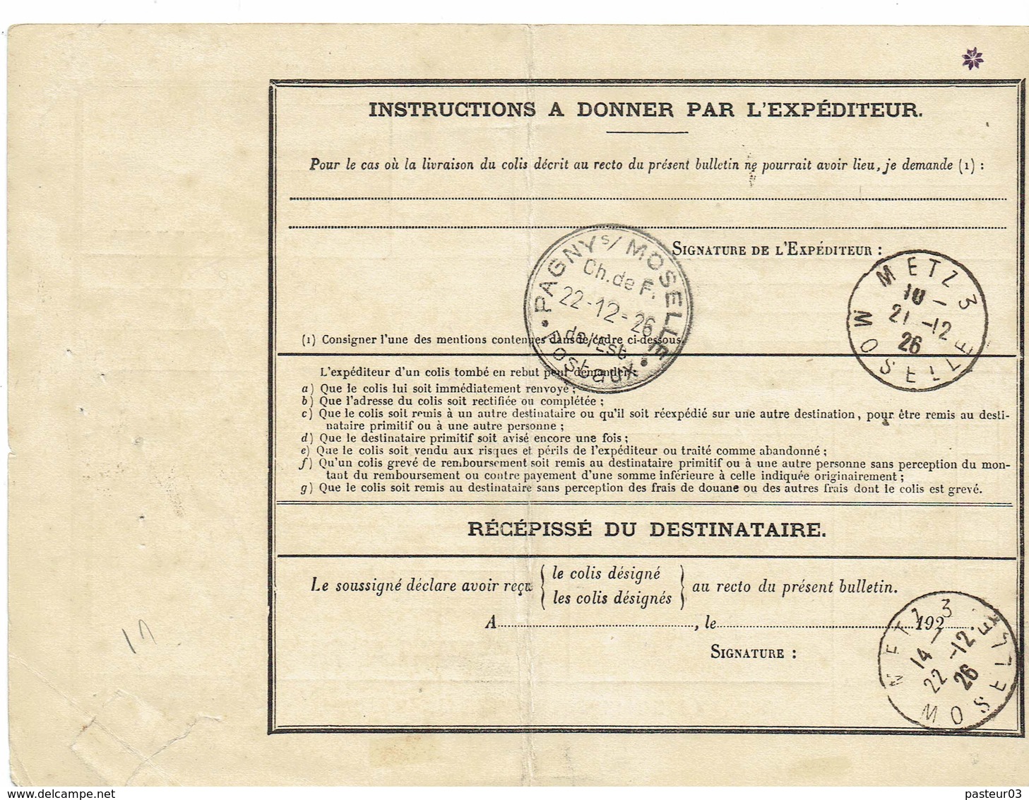 Bulletin D'expédition D'un Colis Postal Secteur Postal 180 Du  20-12-1926 - Lettres & Documents