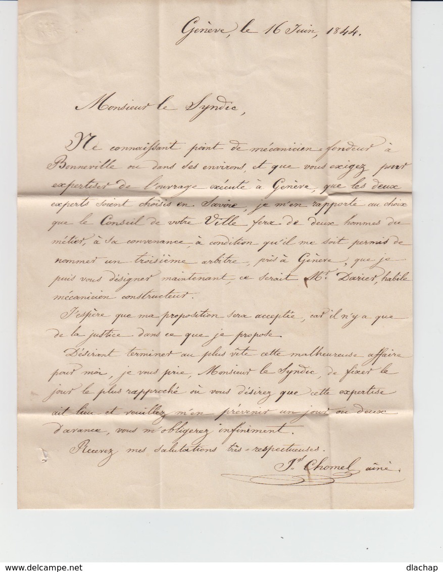 Sur LAC De Genève Pour Bonneville CAD Rouge Genève Juin 1844. Taxe Manuscrite. Au Verso Cachet Linéaire GIU 18. (2355x) - Postmark Collection