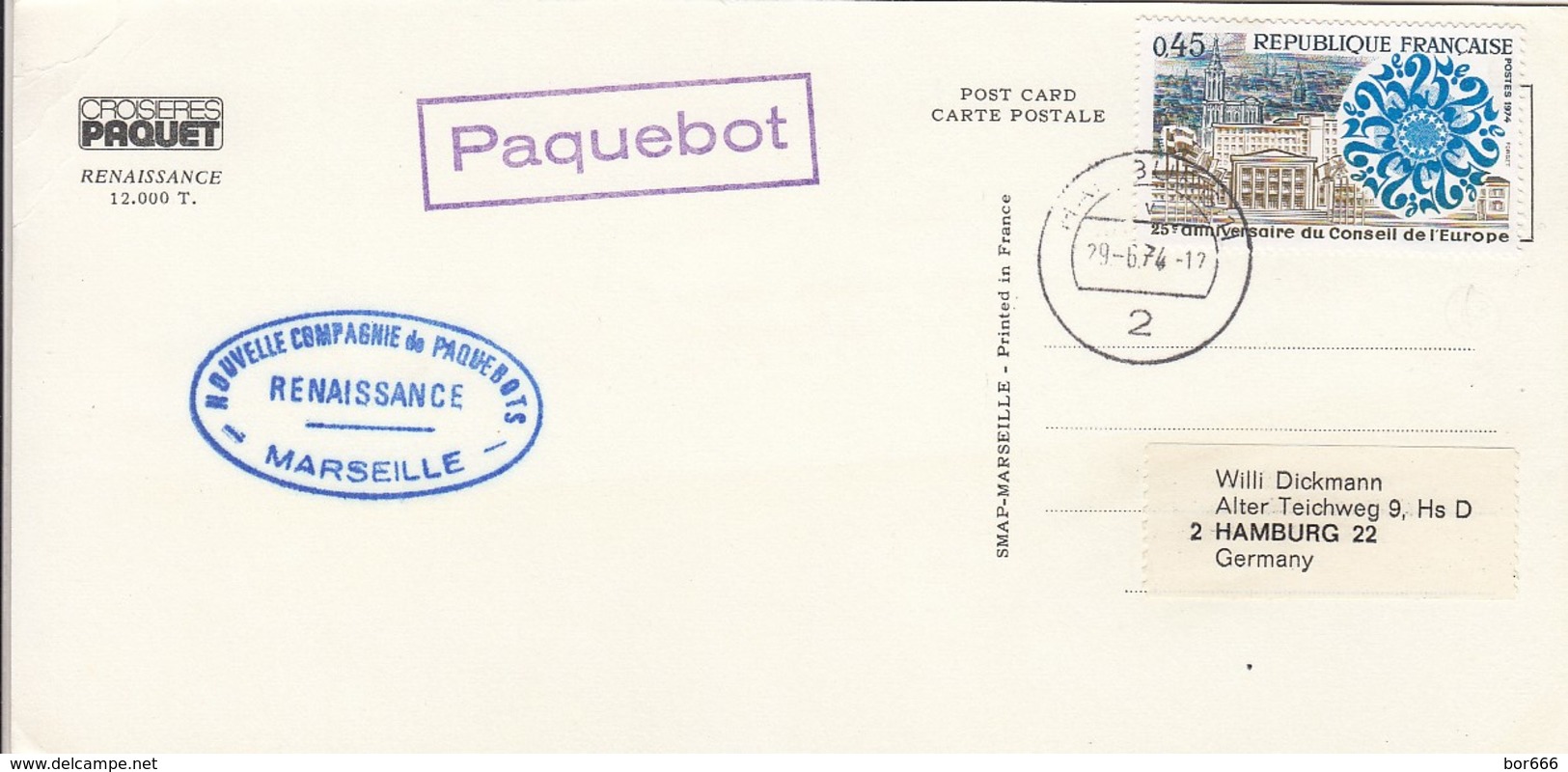 GOOD FRANCE Shippost / Paquebot Postcard To GERMANY 1974 - Renaissance - Standard Postcards & Stamped On Demand (before 1995)