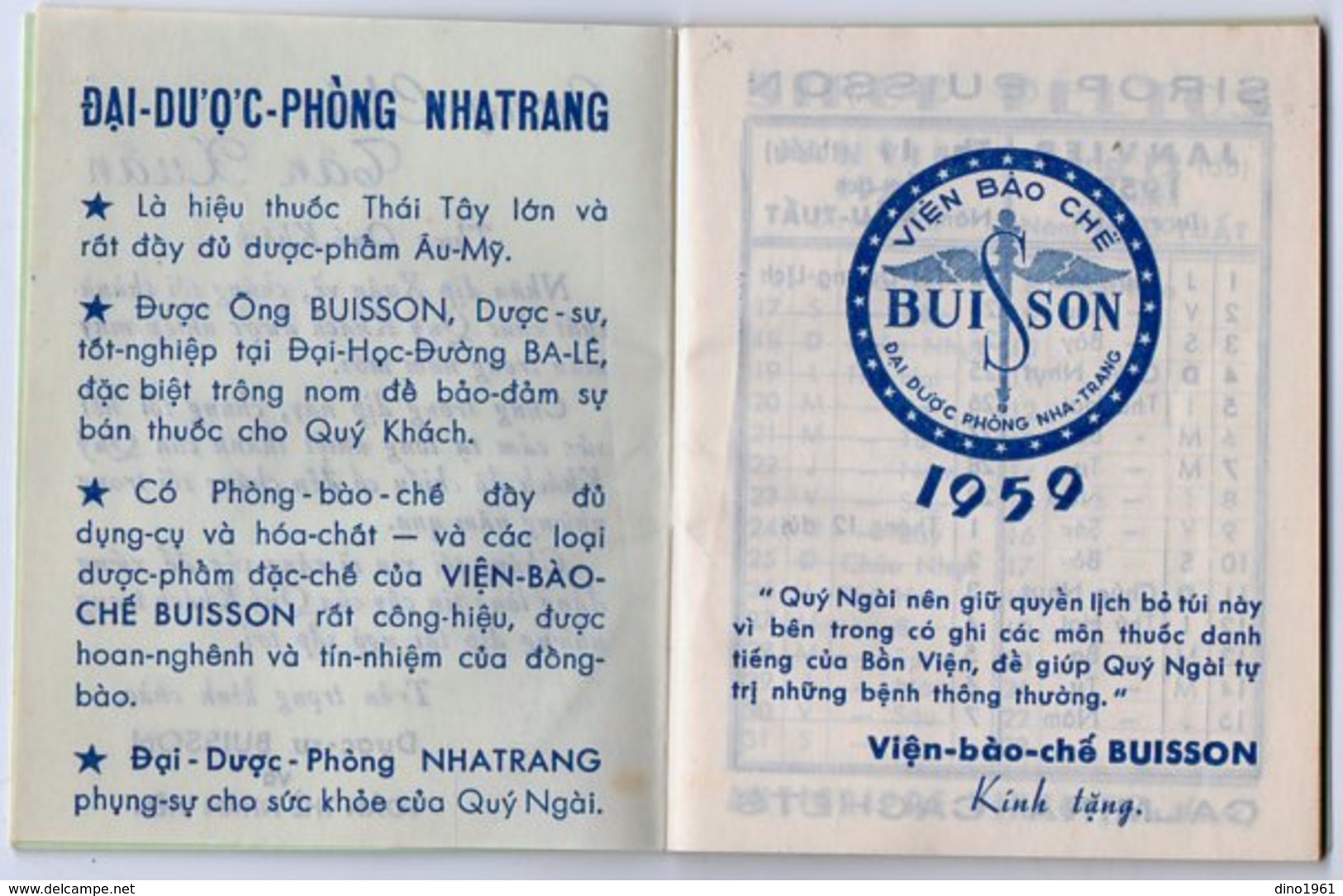 VP15.079 - INDOCHINE - VIETNAM - Petit Calendrier 1959 - Grande Pharmacie De NHATRANG - M. BUISSON Pharmacien - Tamaño Pequeño : 1941-60