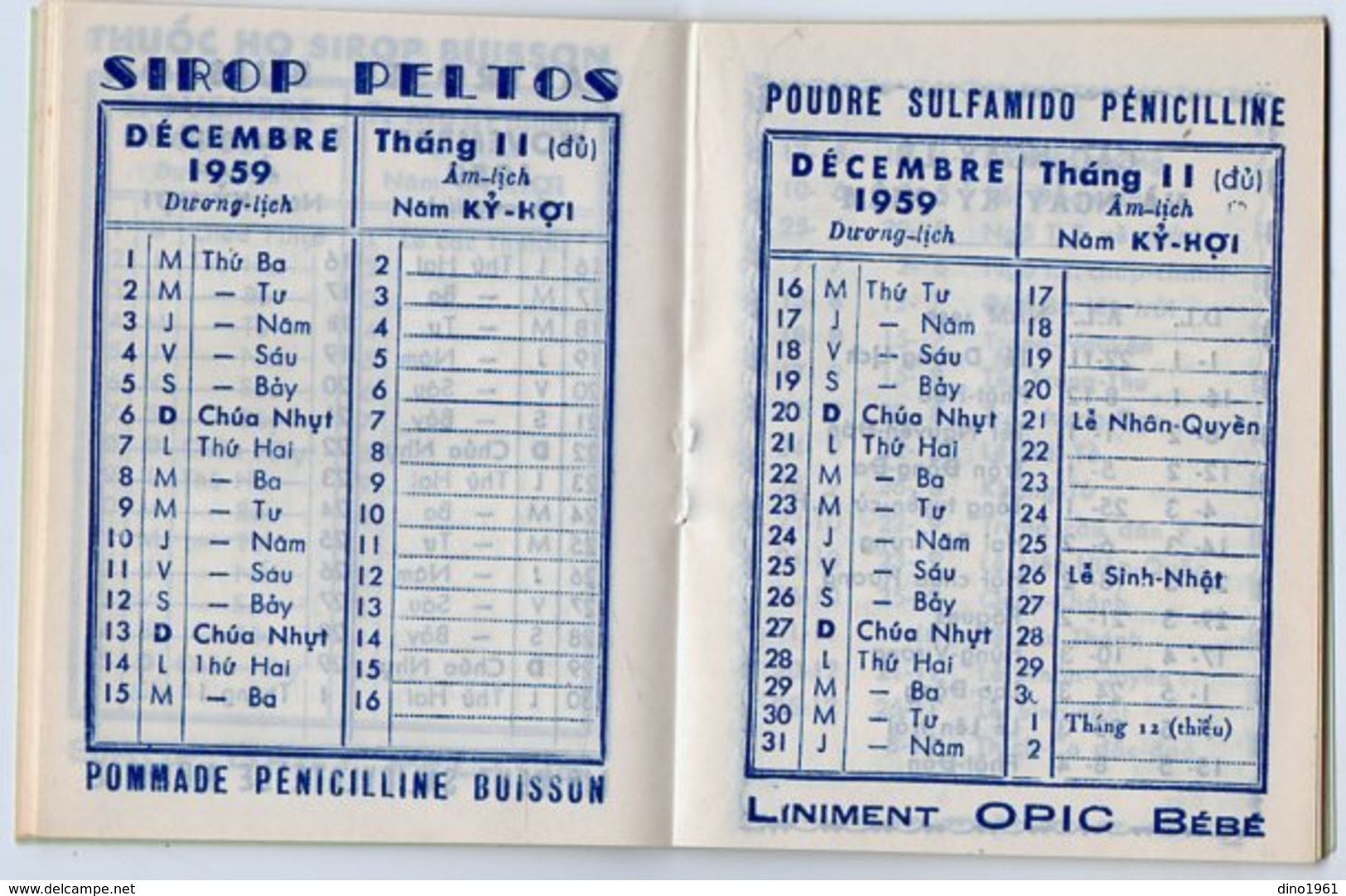 VP15.079 - INDOCHINE - VIETNAM - Petit Calendrier 1959 - Grande Pharmacie de NHATRANG - M. BUISSON Pharmacien