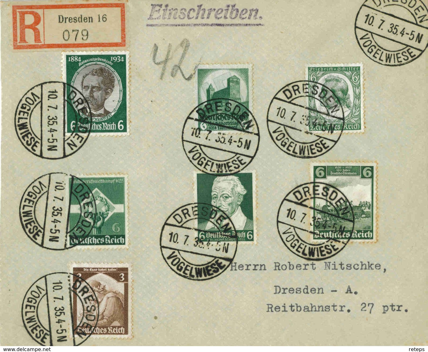 DR  Mi-Nr 541+546+554+565+571+573+580 /"Grüne Briefmarken"-Frankierung,   Echt Gelaufener Portogerecht-frankierter R-Bri - Covers & Documents