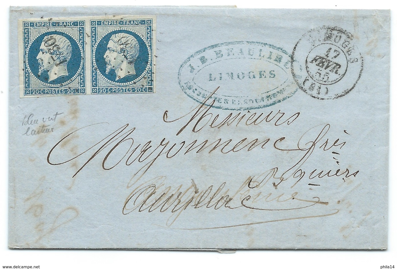 PAIRE N° 14 BLEU NAPOLEON SUR LETTRE / LIMOGES POUR AURILLAC / 17 FEVR 1855 - 1849-1876: Classic Period