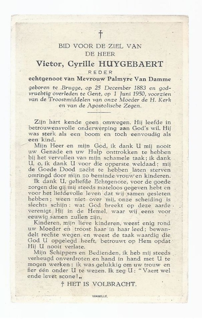 DOODSPRENTJE HUYGEBAERT VAN DAMME REDER ° BRUGGE 1883 + GENT 1950 - Devotieprenten