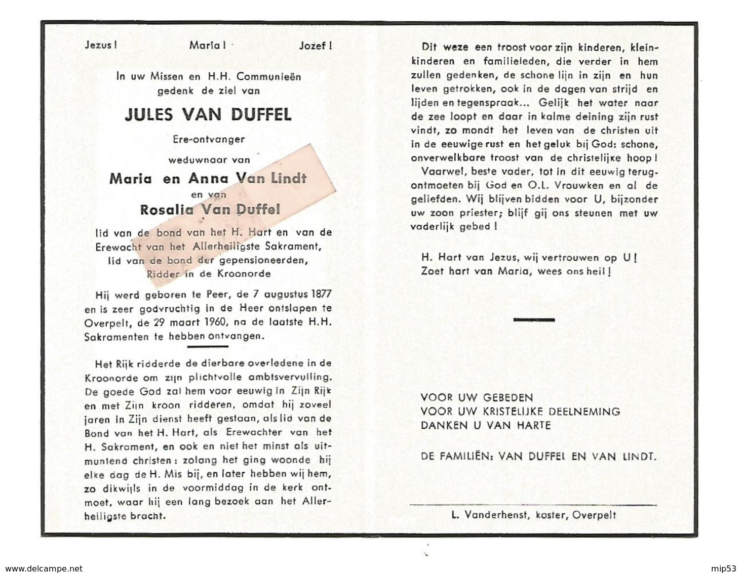 D 785. JULES VAN DUFFEL  Wed. A. Van Lindt En R. Van Duffel - °PEER 1877 / + OVERPELT 1960 - Images Religieuses