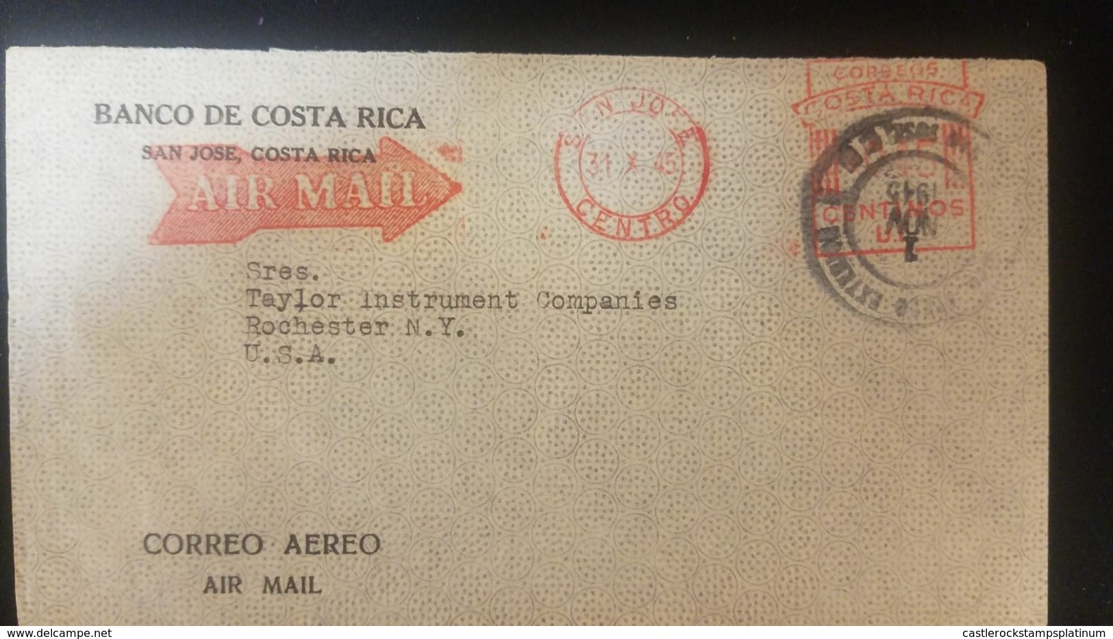 O) 1945 COSTA RICA, METER STAMP, AIRMAIL. FROM BANCO DE COSTA RICA, TO USA - Costa Rica