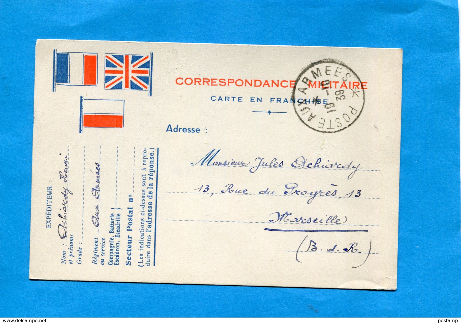 Marcophilie-guerre 39-45 Carte FM  3 Drapeau Francais Cad De  Oct 1939 Poste Aux Armées  Sans Numéro - 2. Weltkrieg 1939-1945