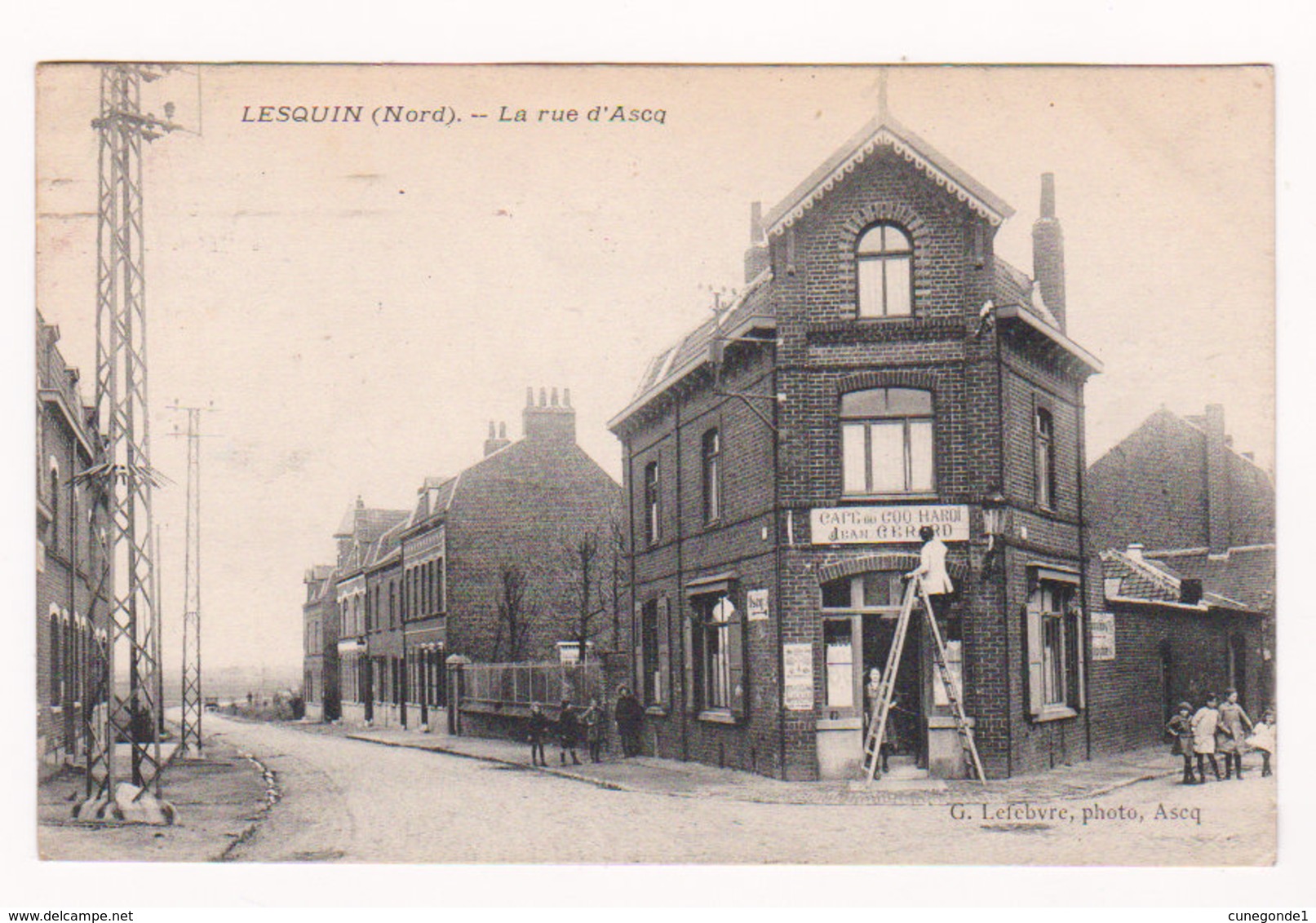 CPA LESQUIN (Nord) La Rue D'Ascq - 1924 - Belle Anim - Café Du Coq Hardi - Ed.Lefebvre, Phot Ascq - Sonstige & Ohne Zuordnung