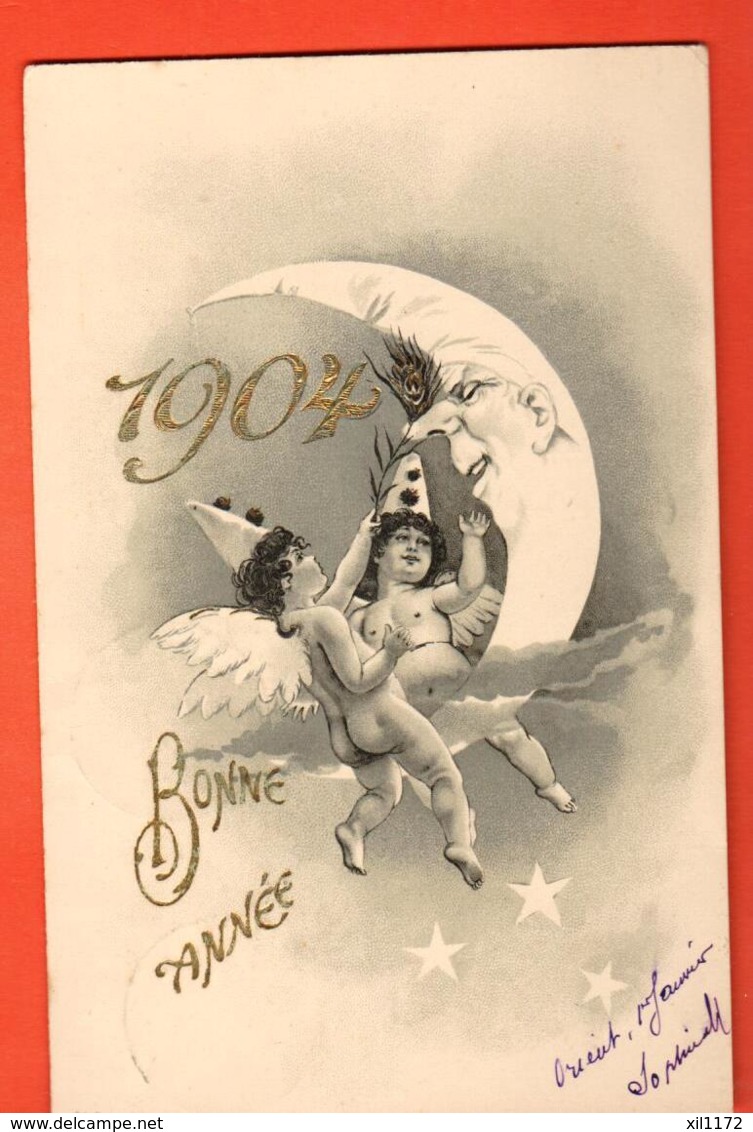 EPA-09 Bonne Année 1904 , Anges Et Croissant De Lune Précurseur Vers Vallée De Joux En 1903 - Nouvel An