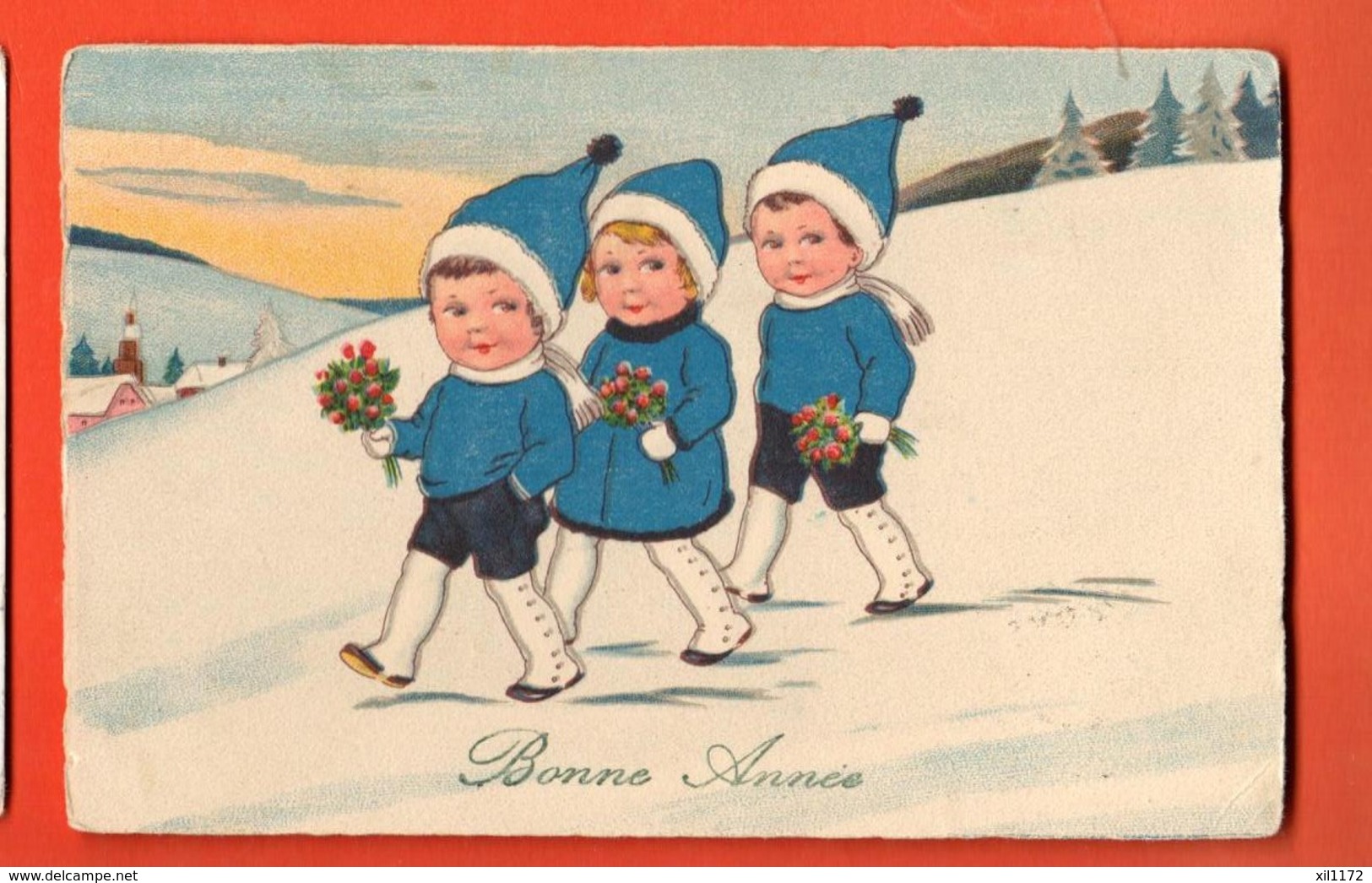 EPA-15 Bonne Année Illustrateur, Enfants Marchant Dans La Neige.  Circulé 1929 Vallée De Joux - Nouvel An