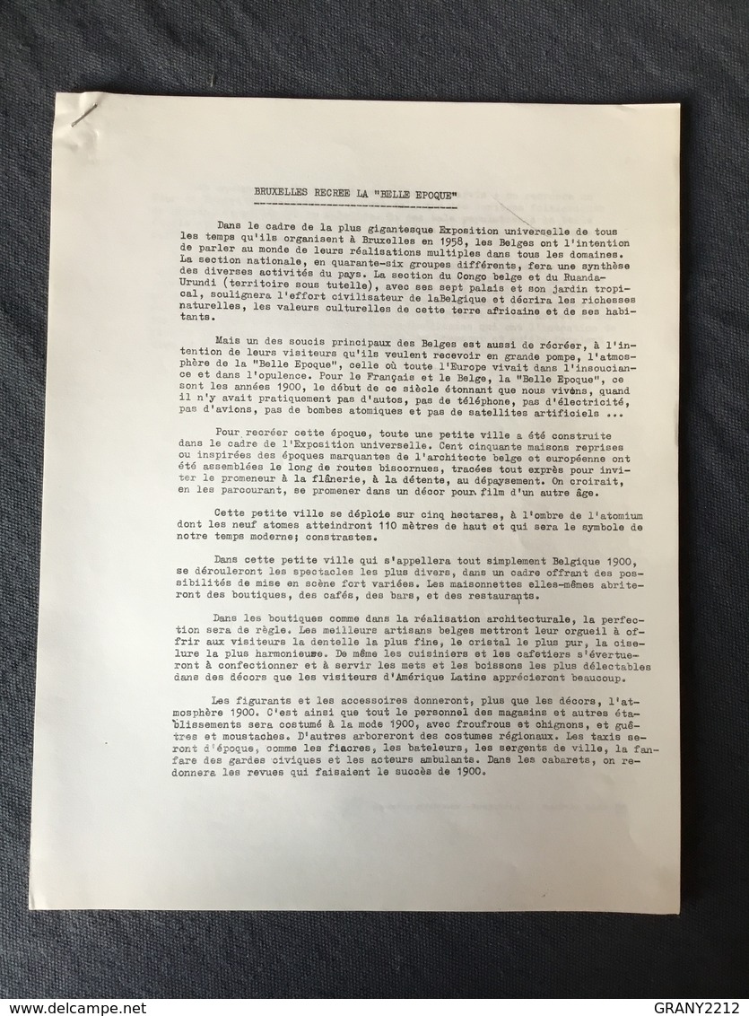 EXPO 58  « BRUXELLES LA BELLE ÉPOQUE  «  Document Original. - Collections