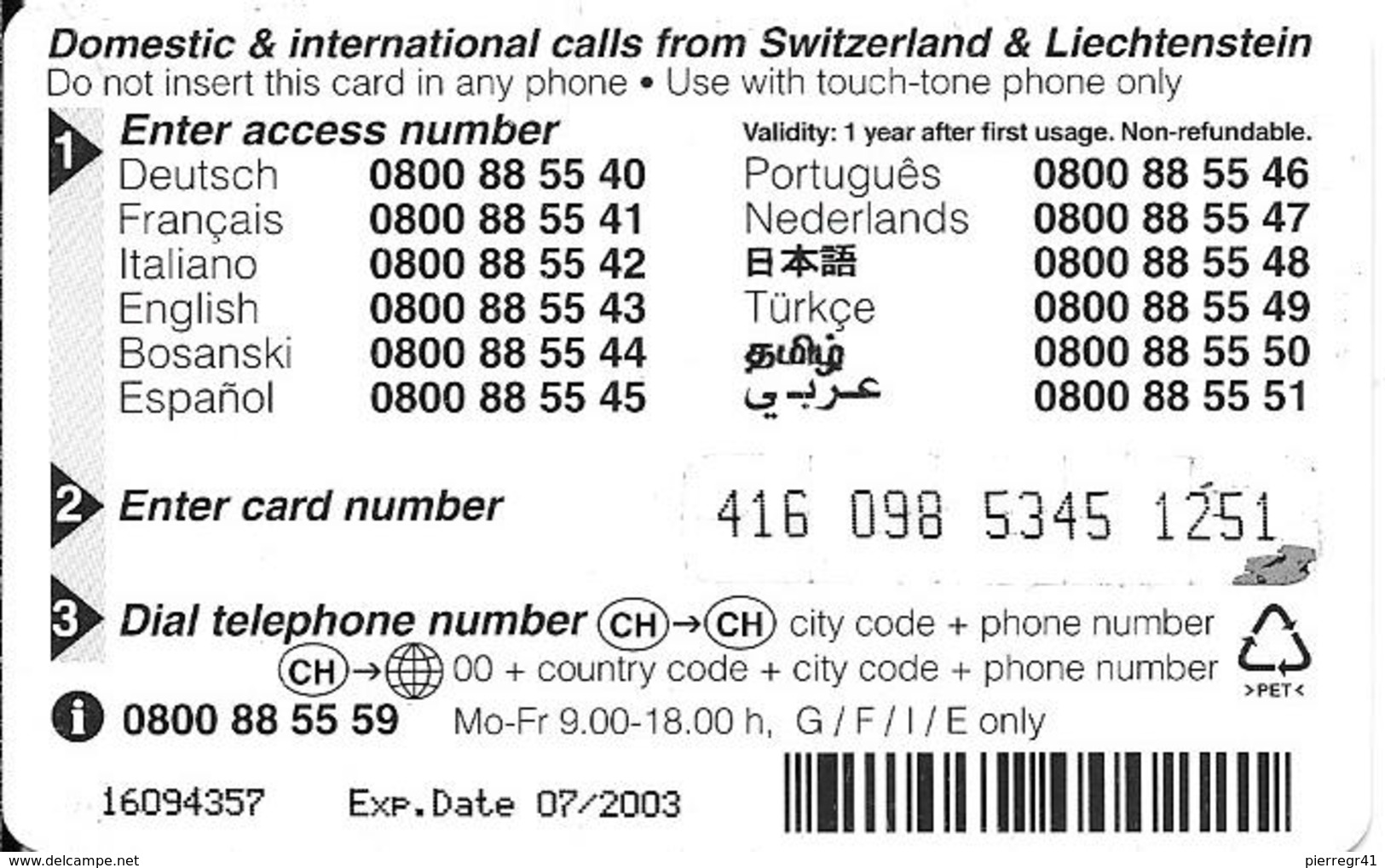 CARTE-PREPAYEE-SUISSE-CHF20-TELECOM/FL-REQUIN-07/2003-TBE- - Delfini