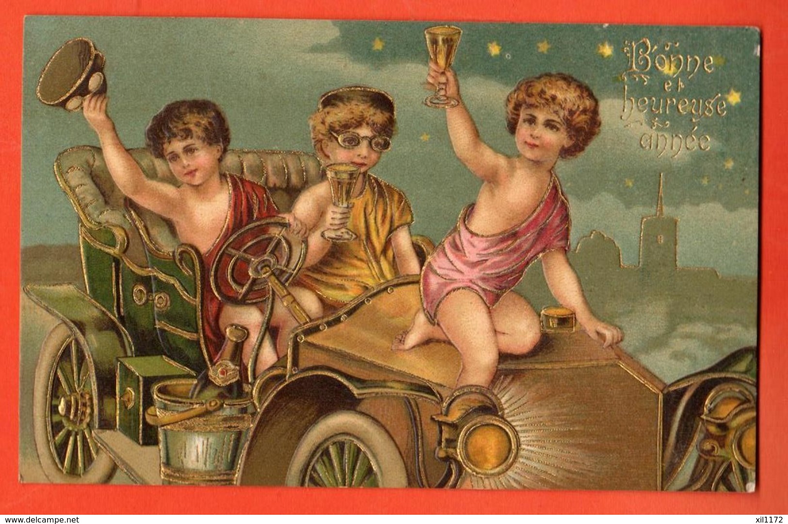 EPA-20 Bonne Année  Enfants Champagne Sur Voiture Cabriolet.Gaufré, Geprägt, Circulé Charbonnières - New Year