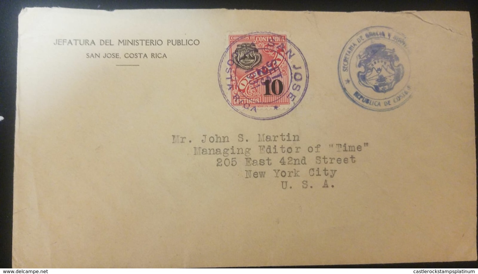 O) 1931 COSTA RICA, COAT OFICIAL 10c -UPU, FROM JEFATURA DEL MINISTERIO PUBLICO, TO USA - Costa Rica