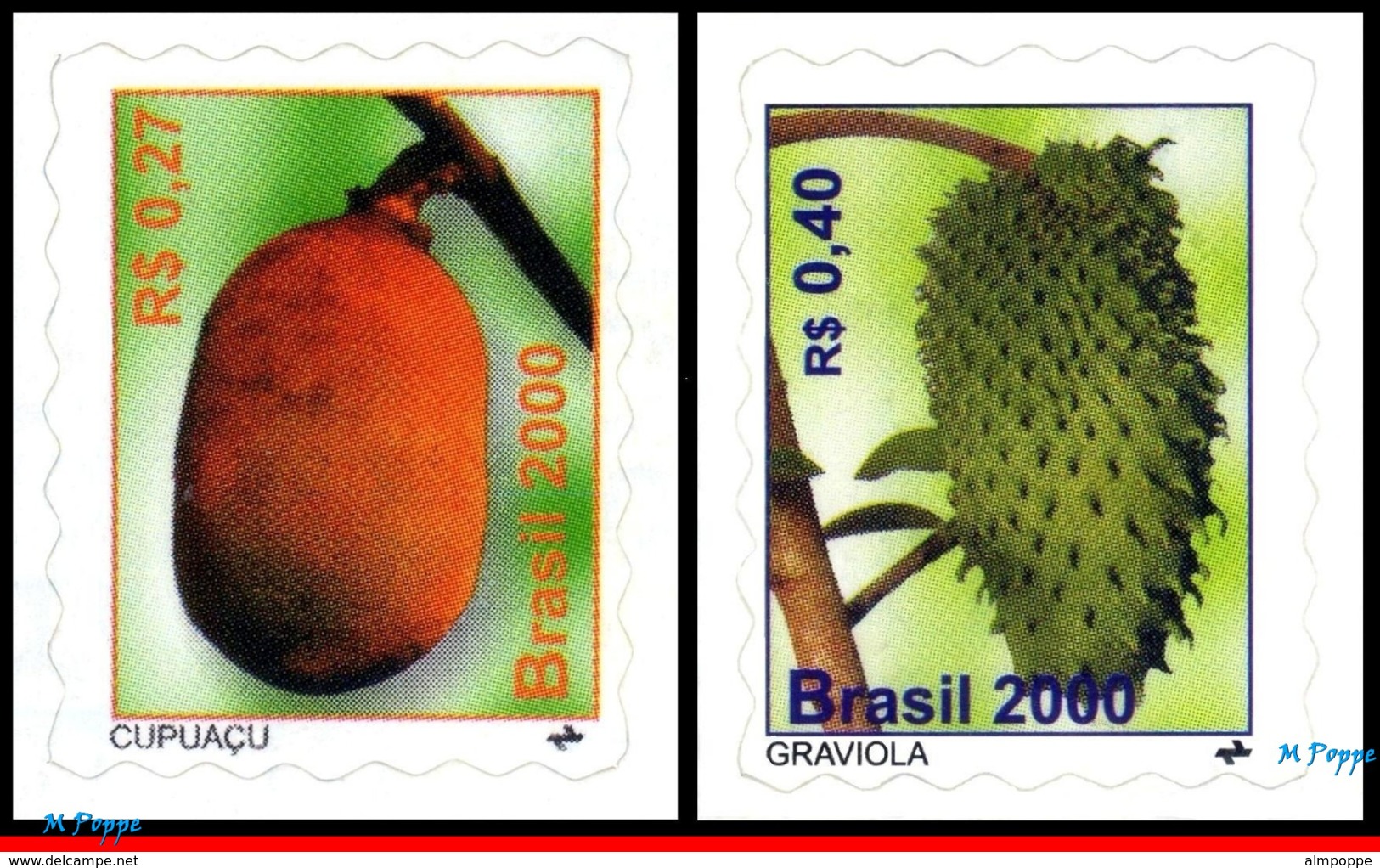 Ref. BR-2762-63 BRAZIL 2000 - CAPUACU AND SOURSOP,, NATURE, MI# 3057-58, MNH, FRUITS 2V Sc# 2762-2763 - Unused Stamps