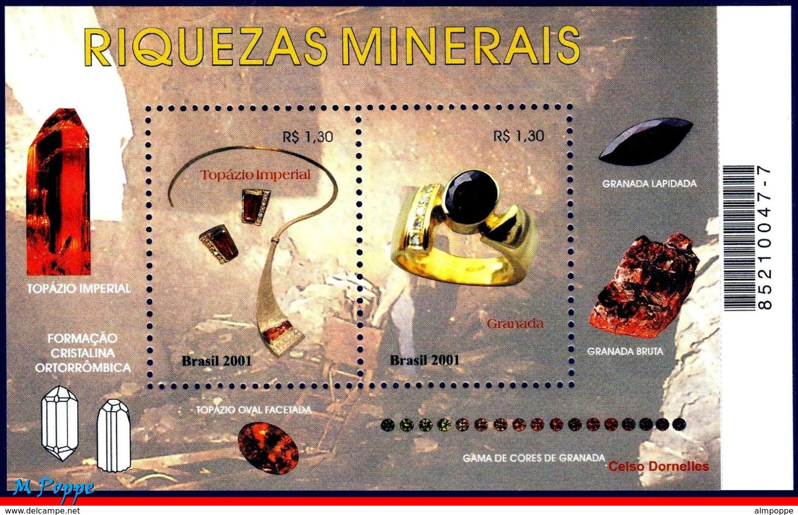 Ref. BR-2828 BRAZIL 2001 GEOLOGY, JEWELRY, MINERALS,, GEMSTONE, MI# B117, S/S MNH 2V Sc# 2828 - Neufs