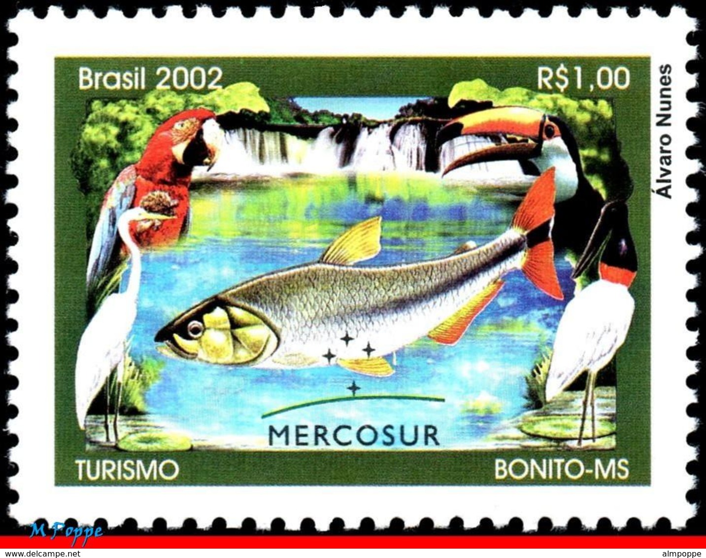 Ref. BR-2860 BRAZIL 2002 FISH, TOURISM, BONITO MS, BIRDS, , MERCOSUR, PARROT, MI# 3278, MNH 1V Sc# 2860 - Neufs