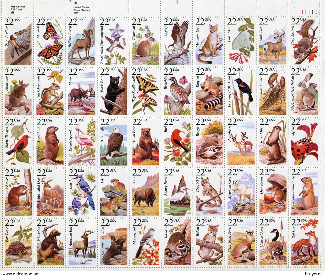 FEUILLE** De 1987 De 50 Timbres Gommés "FAUNE- LA VIE SAUVAGE AMARICAINE - Animaux Divers" - Sheets