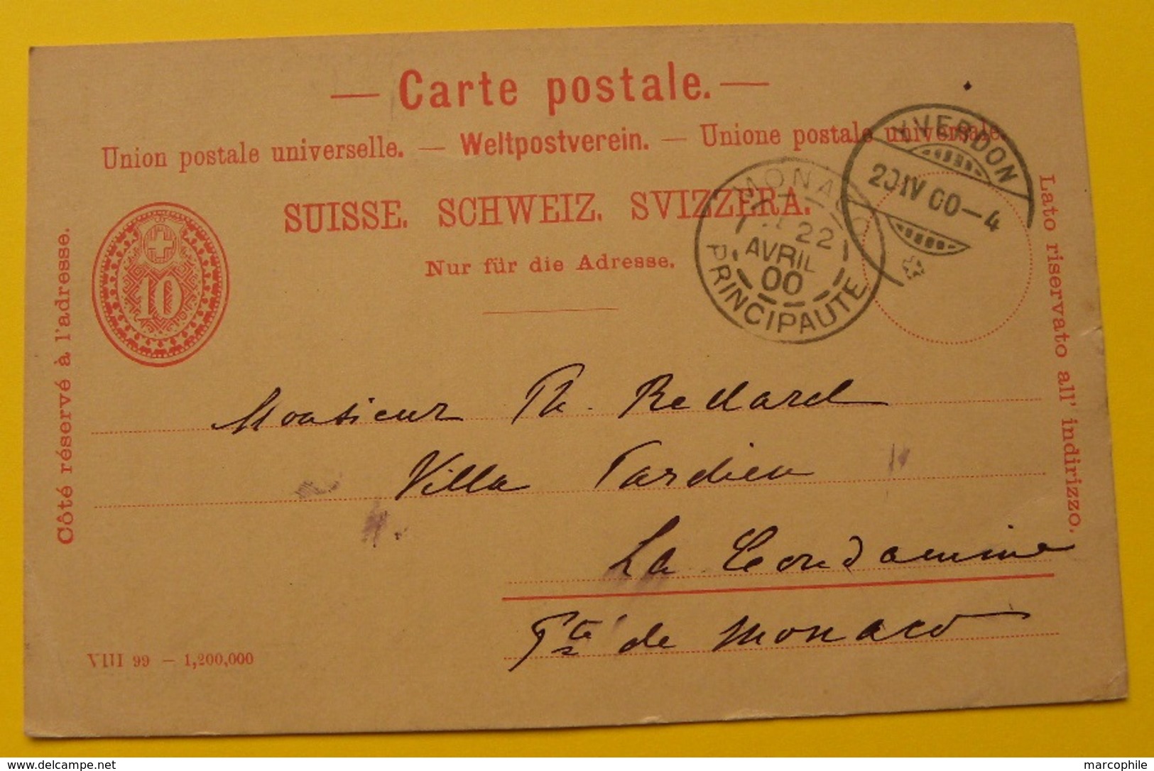 SUISSE - YVERDON / 1900 ENTIER POSTAL POUR MONACO (ref LE1241) - Enteros Postales