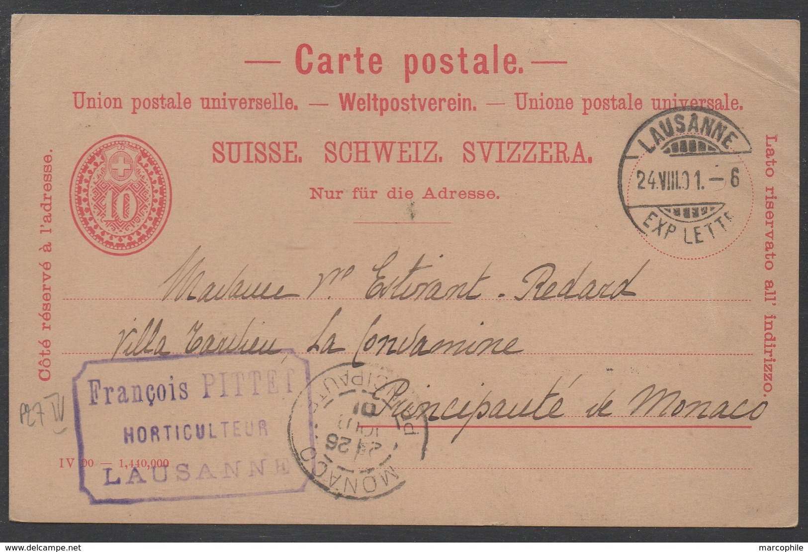 SUISSE - LAUSANNE /1901 ENTIER POSTAL POUR MONACO (ref 3958) - Stamped Stationery