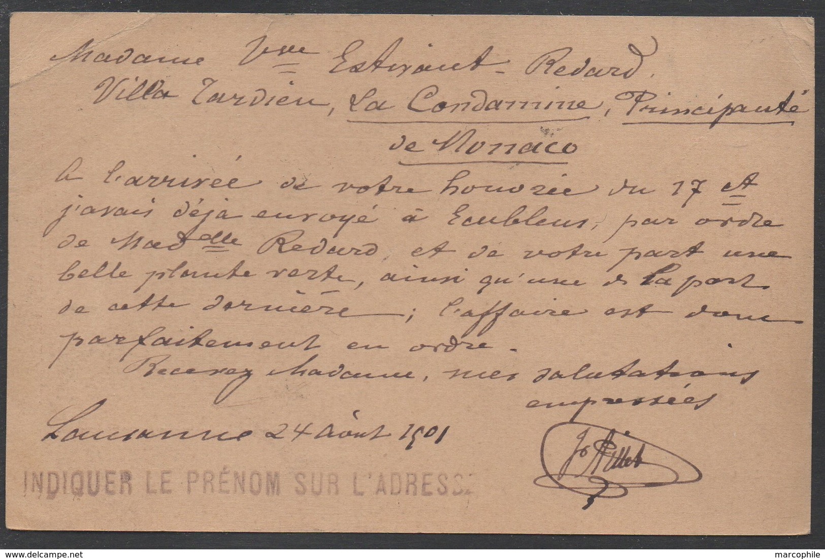 SUISSE - LAUSANNE /1901 ENTIER POSTAL POUR MONACO (ref 3958) - Stamped Stationery