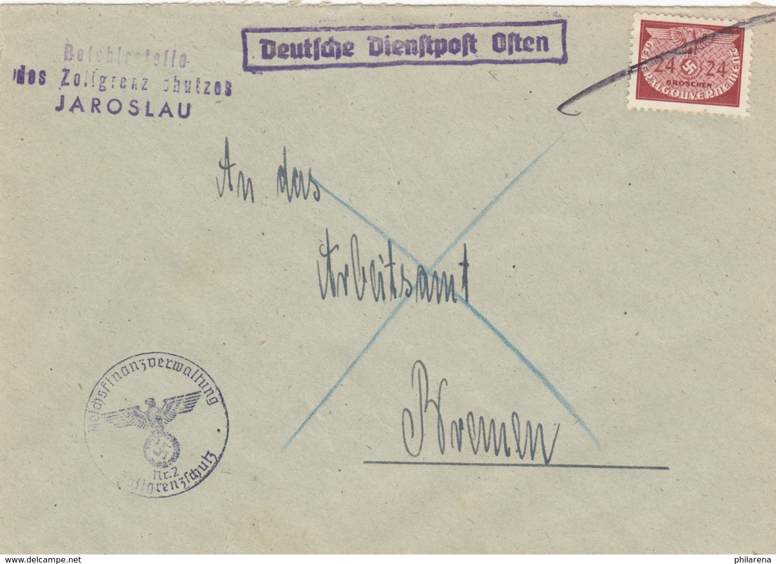 GG: Dienst: Brief Portogerecht Zollgrenzschutz Jaroslau Nach Bremen - Besetzungen 1938-45