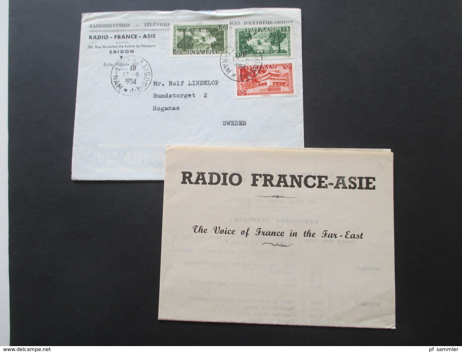 Vietnam 1950-56 Radio France Asie Radiosender 11 Auslandsbriefe nach Schweden! 6x Radioprogramm + 1x Christmas Greetings