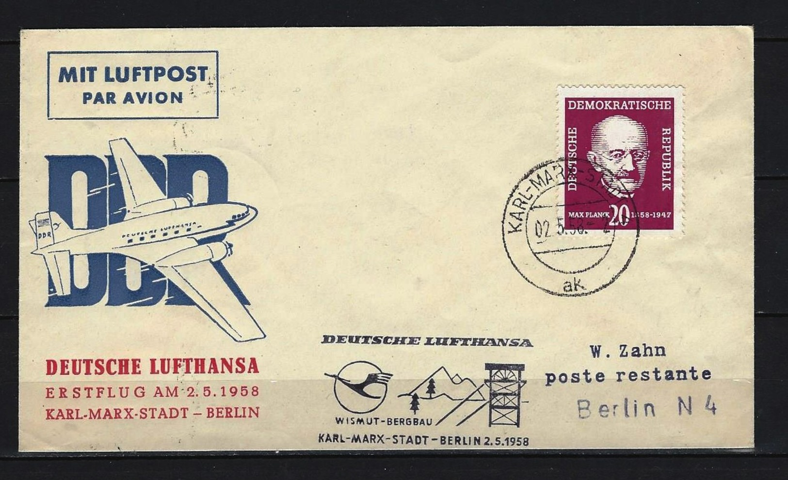 DDR Lufthansa-Erstflug 2.5.1958 Karl-Marx-Stadt - Berlin Mit Mi-Nr. 627 - Cartas & Documentos