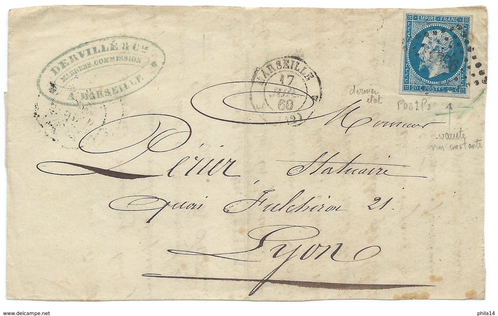 VARIETE POSTFS N° 14 BLEU NAPOLEON SUR DEVANT DE LETTRE / MARSEILLE POUR LYON / 17 JUIL 1860 - 1849-1876: Période Classique