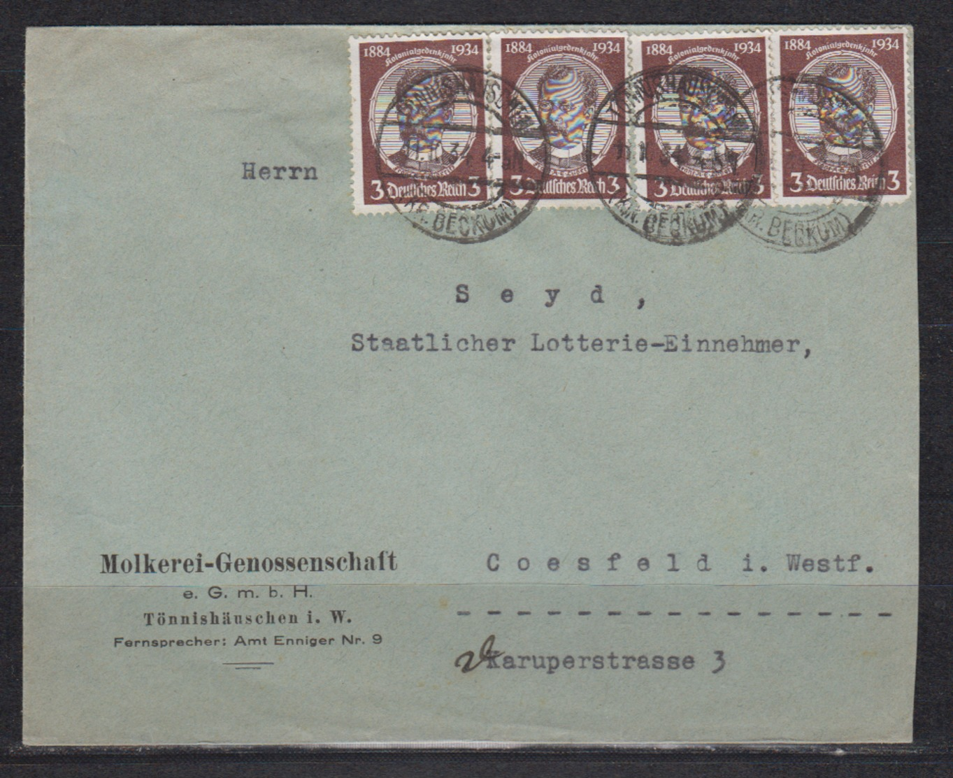 Dt.Reich Fernbrief Tönnishäuschen/11.10.34 Mit 4x 540ya Nach Coesfeld Gpr - Lettres & Documents