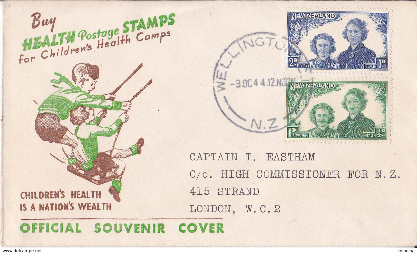 New Zealand Official Souvenir FDC Cover 1944 Childrens Health Nation's Wealth To London High Commissioner For N.Z. - FDC