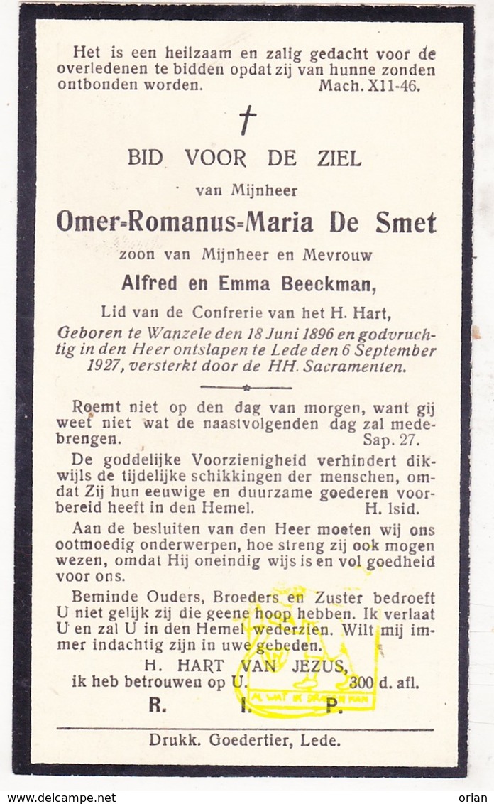 DP Omer Romanus M. De Smet / Beeckman 31j. ° Wanzele 1896 † Lede 1927 - Images Religieuses