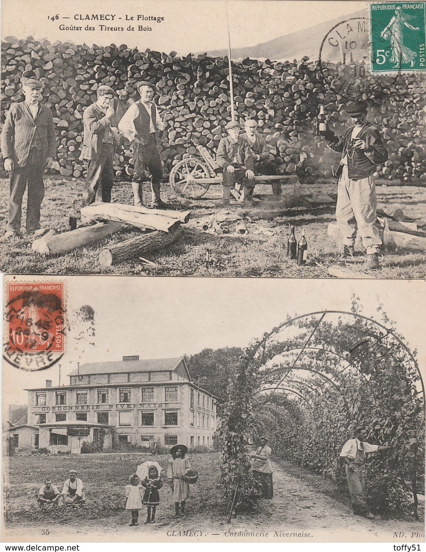 2 CPA:CLAMECY (58) SIX HOMMES "TIREURS DE BOIS" AU FLOTTAGE POUR GOÛTER,PERSONNES CORDONNERIE NIVERNAISE..ÉCRITES - Clamecy