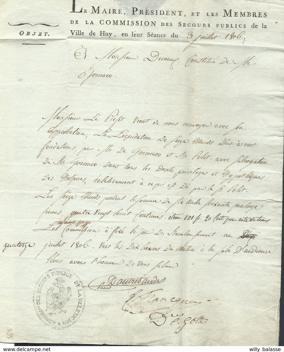 L. De Huy 1806 En Franchise Cachet "ADMINISon Des Secours Publics De La Ville De Huy" Pour Moha - 1794-1814 (Période Française)