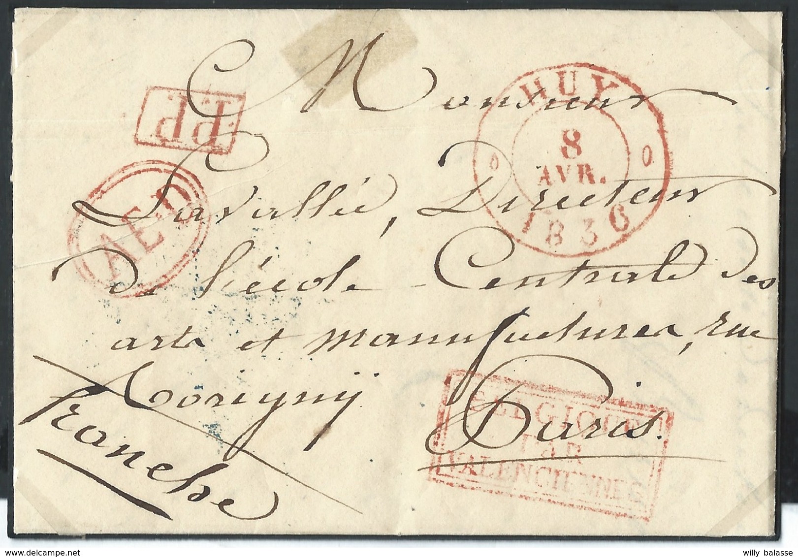 L Càd HUY/1836 + P.P + AED + BELGIQUE/PAR/VALENCIENNES Pour Paris "9" Pour Paris - 1830-1849 (Belgique Indépendante)