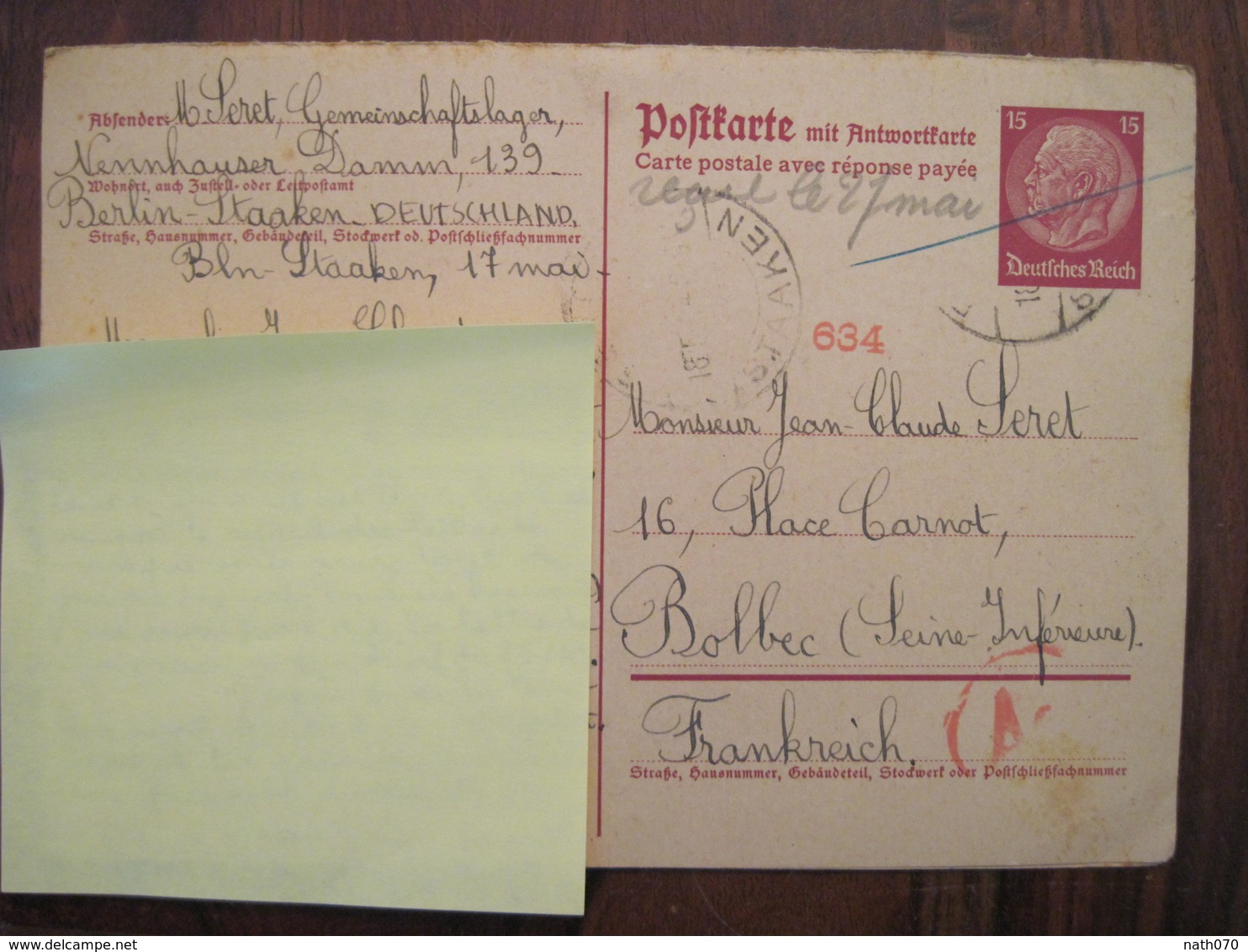 Allemagne France GEMEINSCHAFTSLAGER Censure Postkarte Cover Lager Deutsches Reich DR STO Bolbec Ww2 - Autres & Non Classés