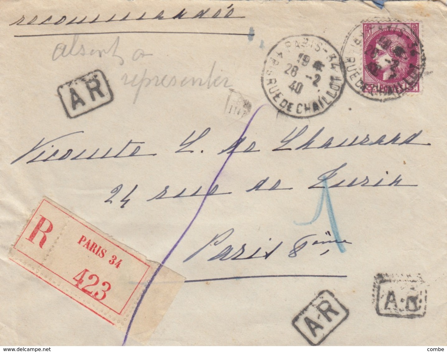 LETTRE . 1940 . RECOMMANDE AR 3Fr. PARIS POUR PARIS. VERSO CACHET CIRE VIOLET BLASON ET COURONNE - 1921-1960: Modern Period