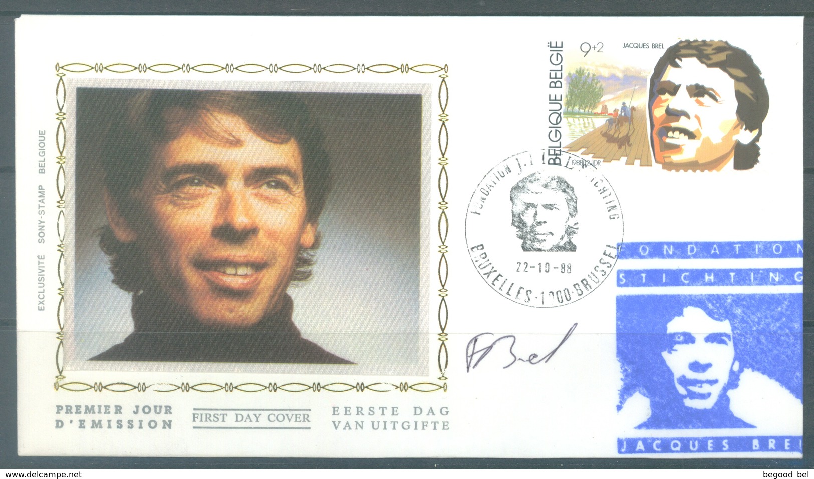 BELGIUM - 22.10.1988 - FDC SOIE ZIJDE - FONDATION BREL AUTOGRAPHE FILLE FRANCE BREL - COB 2303 - Lot 19633 - 1981-1990