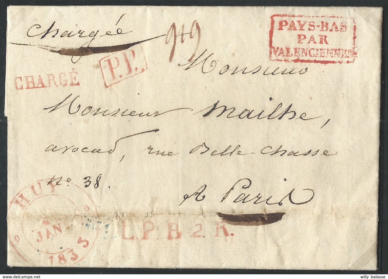 L Càd HUY/1833 +P.P + L.P.B.2.R. + Petite Griffe CHARGE Pour Paris. Très Rare Utilisation De La Petite Griffe CHARGE - 1830-1849 (Belgique Indépendante)