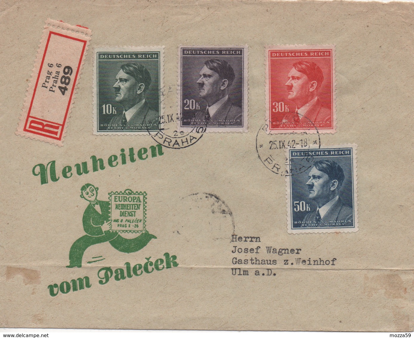 Bohmen Und Mahren 1942, Prag 6-Praha-Prague, Registered Cover To Ulm, Donau, Hitler High Value Set Of 4 - Interesting - Covers & Documents